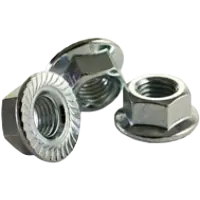 Close-up of a hex flange nut with integrated washer base for secure load distribution in industrial applications